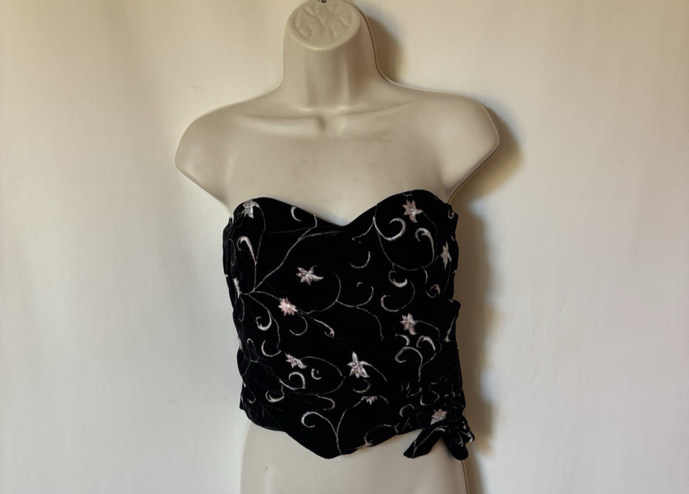 EMANUEL UNGARO Ter Crop Top 14 Velvet Embroidered Bustier Corset Vtg